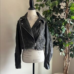 Zara Black Cropped Distressed Leather Women's Jacket